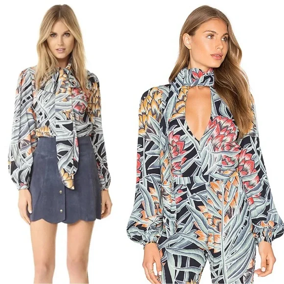 REVOLVE MARA HOFFMAN Black Green Red Tropical Print Tie Neck Deep V Blouse Top - Picture 15 of 15